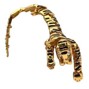 Tiger Shoulder Brooch Pin Long Articulated Gold Tone Enamel Rhinestone Eye Retro